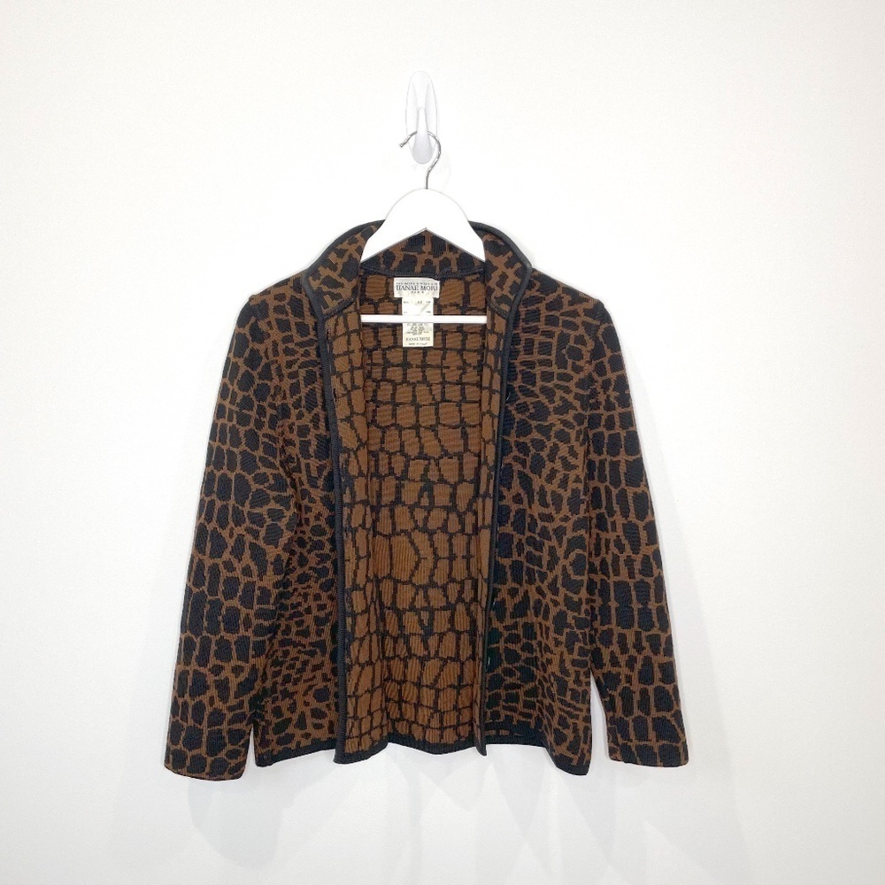 Hanae Mori Cashmere Black Brown Button Up Cardigan